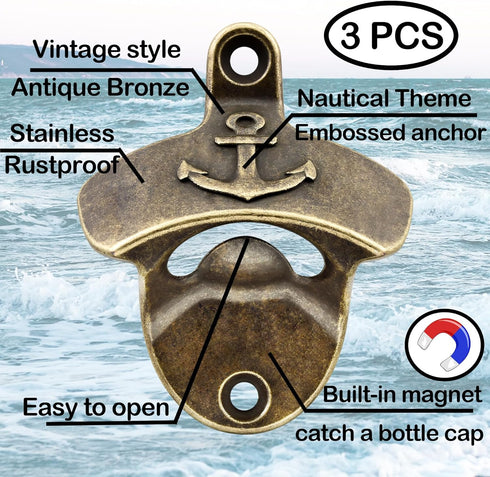 Magnetic Bottle Opener Wall Mounted Beer Cap Opener Nautical, Antique Bronze Anchor Deck Mounted Bottle Opener with Magnets Built-in for Bar Gift ...