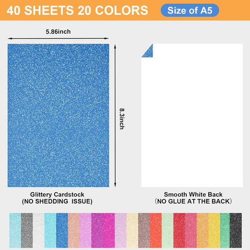 40 Sheets 20 Colors Glitter Cardstock, BetyBedy Cricut Paper Cardstock, No-Shed Sparkly Glitter, A5 Glitter Paper for Arts and Crafts - Card Makin...