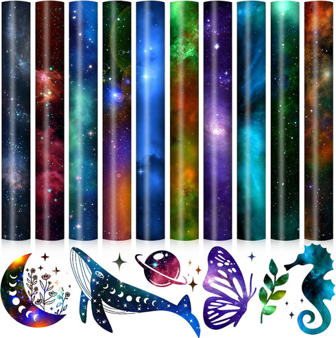 MJartoria Starry Sky HTV Glitter Heat Transfer Vinyl Bundle 10 Sheets Galaxy Theme Glitter Vinyl,12''x10''PU Tie Dye Iron on Vinyl for T-Shirts Cl...