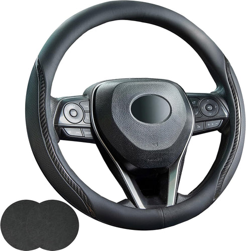Car Steering Wheel Cover Black, 14-14.5 inch Steering Wheel Covers with Coasters Microfiber Leather Carbon Fiber Breathable Anti-Slip Durable Univ...
