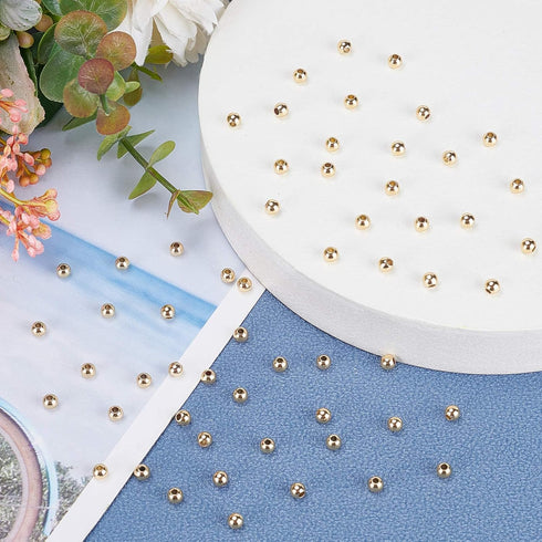 PH PandaHall 300pcs 4mm 14K Gold Plated Beads Mini Round Jewelry Beads Waist Loose Bead Smooth Metal Brass Bead for Friendship Bracelet Bikini Bel...