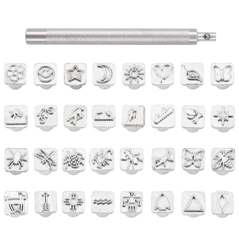 PH PandaHall 32 pcs Stainless Steel Leathercraft Metal Insect Theme Stamps Punch Set Tool with 1 pc Handle for Leather Craft Belt Bag Craft DIY Je...