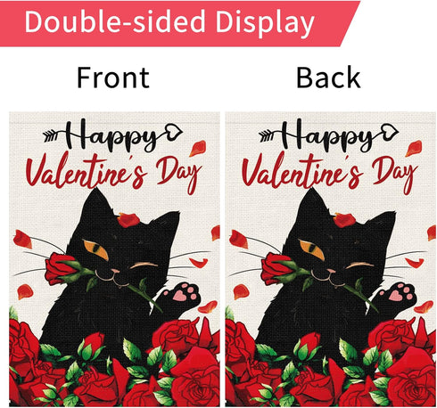 Happy Valentine's Day Garden Flag with Black Cat and Rose Floral Pattern Burlap Double Sided Yard Flag 12 x 18 Inch Garden Decoration for Valentin...