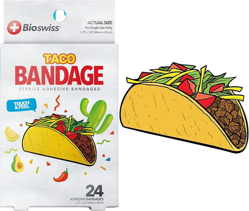BioSwiss Bandages, Taco Shaped Self Adhesive Bandage, Latex Free Sterile Wound Care, Fun First Aid Kit Supplies for Kids, 24 Count...