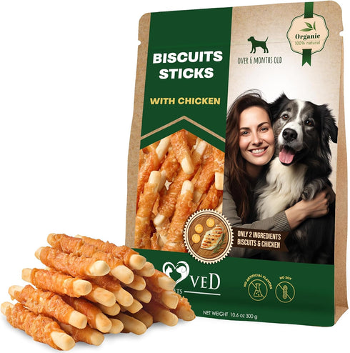 Biscuits Sticks Dog Treats Chicken Wrapped Human Grade Meat - Natural Dried Snacks Rawhide - Free & Grain Free Long Lasting Chews for Large & Smal...
