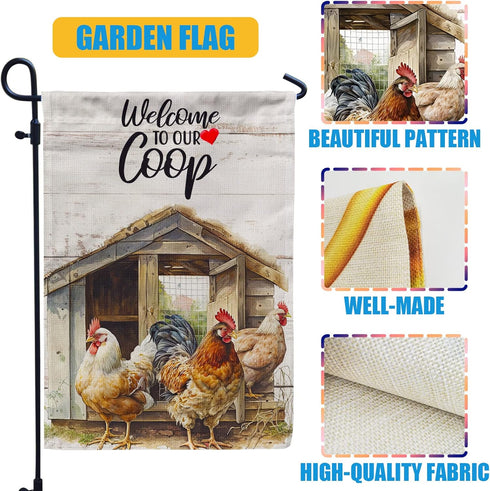 Rooster Garden Flag, Welcome to our Coop farmhouse Garden Flag 12x18 Inch Garden Flag - Perfect for Your Outdoor Hanging Decorations...