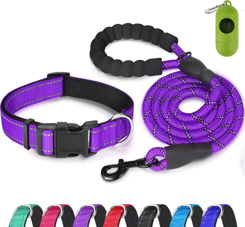 Dynmeow Reflective Dog Collar and Leash Set, 6FT Strong Climbing Rope Leash with Padded Handle, Adjustable Pet Collar with Soft Neoprene Padding f...
