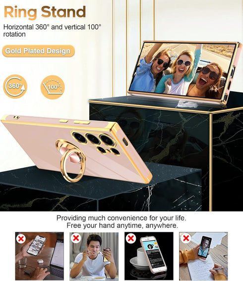 LeYi for Samsung Galaxy S24 Ultra Phone Case: with 360° Rotatable Ring Holder Magnetic Kickstand, Plating Rose Gold Edge Protective Samsung Galaxy...
