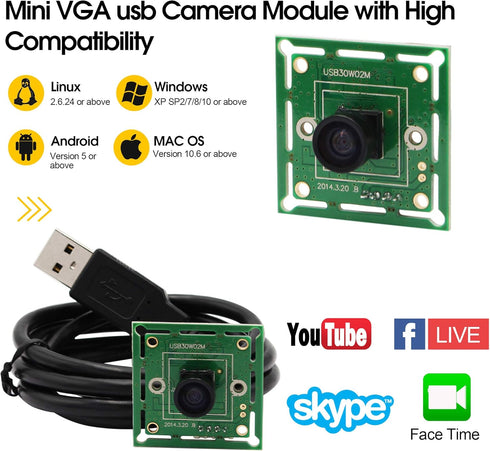 ELP VGA Super Mini Wide Angle USB Camera Module with 120degree lens High Speed 480P 60fps UVC USB2.0 Video Webcam Board OV7725 Embedded Industrial...