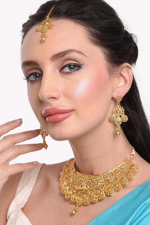 Efulgenz Indian Bollywood Traditional Crystal Kundan Choker Necklace Earrings Maang Tikka Wedding Bridal Jewelry Set For Women...