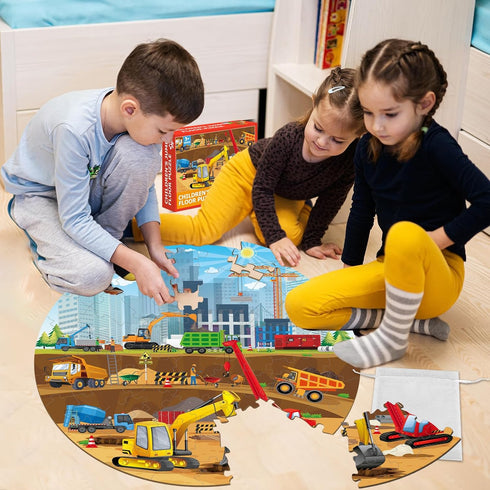 Construction Jumbo Floor Puzzle for Kids 71Pcs Construction Vehicle Large Floor Round Puzzles for Toddler Ages 3-8 Construction Truck Cars Theme D...