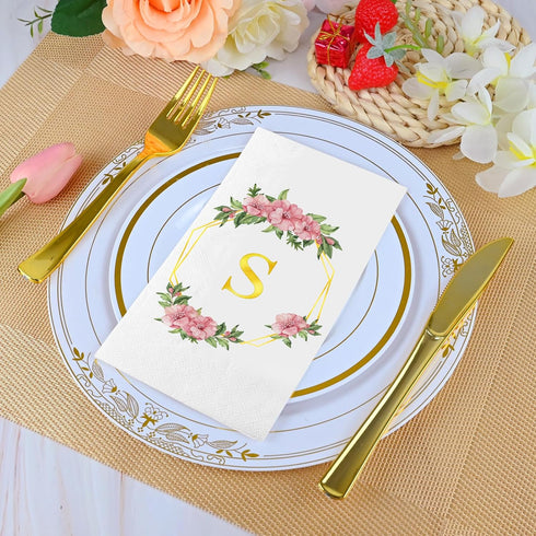 200 Gold Floral Monogrammed Disposable Napkins - Initial Letter S Paper Guest Hand Towels, Flower Monogram Dinner Napkins for Bathroom Wedding Bir...
