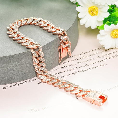 Lystaii Dog Chain Cuban Diamond Link Rose Gold Pink Crystal Collar Jewelry Accessories Pet Necklace with Walking Metal Collar Design Secure Buckle...