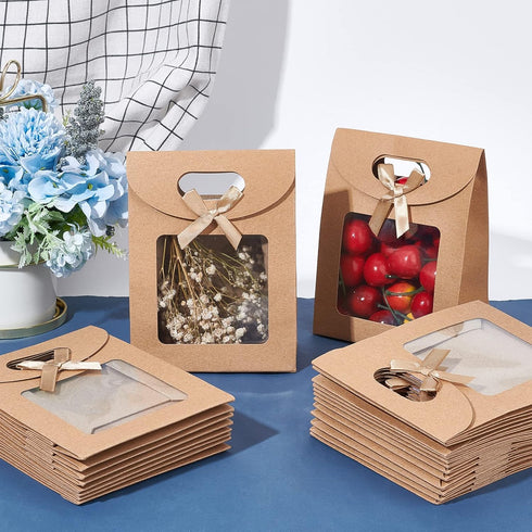 NBEADS 24 Pcs Kraft Paper Bags with Window, 4.7x2.4x6.2 Stand Up Gift Bag with Handles Brown Gift Bag with Clear Window for Candy Cookies Packagin...