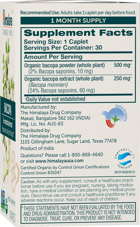 Himalaya Organic Bacopa Monnieri Nootropic Herbal Supplement, Mental Alertness, Supports Calm, Memory, Cognition, USDA Certified Organic, Non-GMO,...