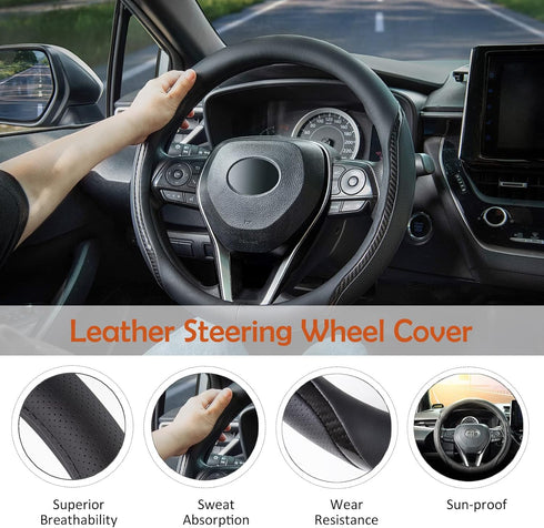 Car Steering Wheel Cover Black, 14-14.5 inch Steering Wheel Covers with Coasters Microfiber Leather Carbon Fiber Breathable Anti-Slip Durable Univ...