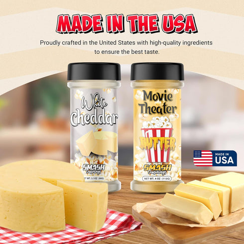 Smash Seasonings White Cheddar Cheese & Movie Theater Butter - 2 Pack of Delicious Popcorn Flavoring Seasoning in a Shaker Bottle - Enhance Your S...