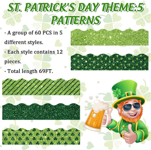 Whaline 69Ft St. Patrick's Day Glitter Bulletin Board Borders 5 Designs Shine Green Shamrock Stripe Dot Decoration Trim Bulletin Board Stickers fo...