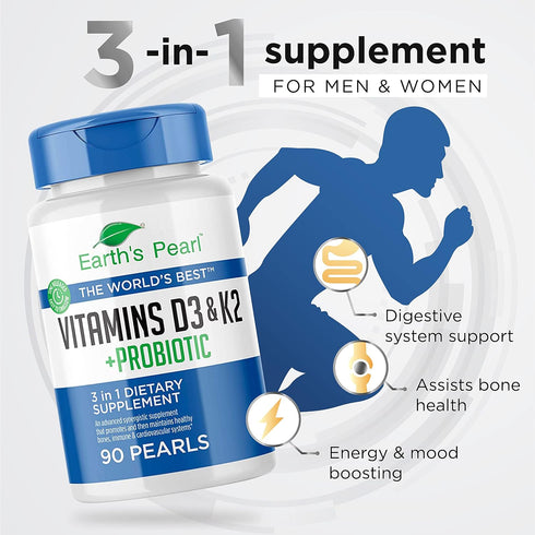 Earth's Pearl Vitamin D3 K2 5000 IU - 3-in-1 Vitamin K2 D3 Probiotics for Women and Men - 90 Day Supply K2 D3 Vitamin Supplement 5000 IU - Gut Hea...
