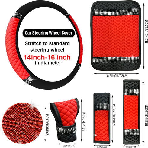 11 PCS Bling Rhinestones Leather Car Accessories Set,Bling Steering Wheel Cover for Women,Center Console Armrest Pad Belt Cover Handbrake Gear Cov...