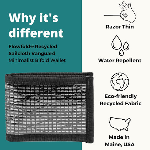 Flowfold Recycled Sailcloth Wallets - Vanguard Bifold Wallet, Front Pocket Wallet, Slim Minimalist Wallets Made in USA (Black Sailcloth)...