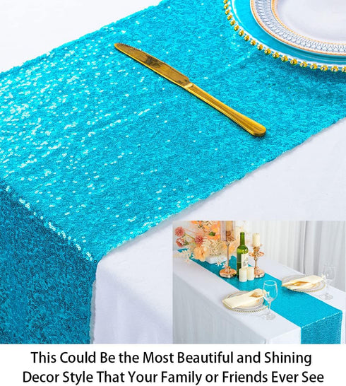ShiDianYi Turquoise Sequin Table Runner - 14" x 108" Aqua Blue Sequin Tablecloth - Teal Wedding Table Runner...