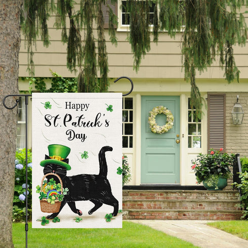 Louise Maelys Welcome St. Patrick's Day Garden Flag 12x18 Double Sided Vertical, Burlap Small Spring Black Cat Yard Flag Banner Shamrock Clover Si...