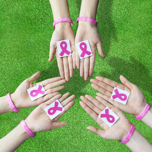 Bundle of 48 Pcs Die Cut Pink Ribbon Stickers and 48 Pcs Pink Ribbon Camouflage Breast Cancer Awareness Bracelets in 2 designs, Faith Courage Beli...