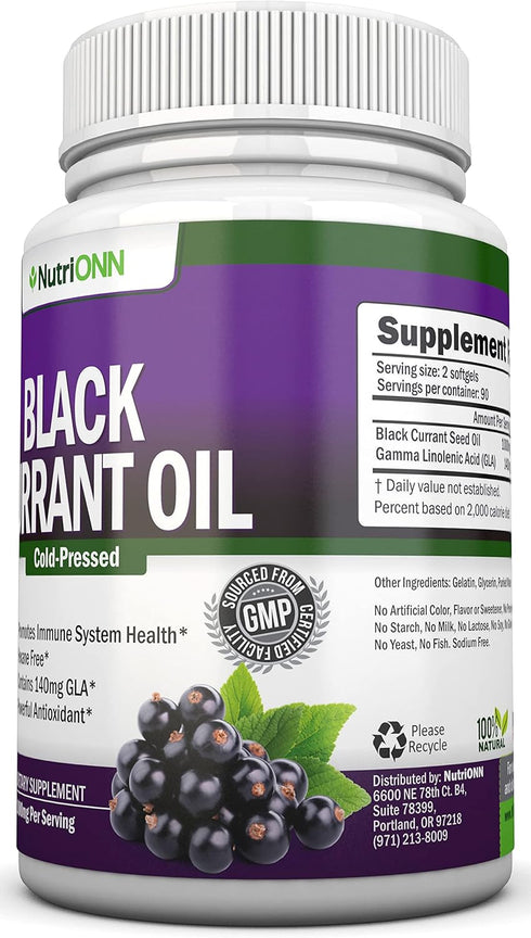 Black Currant Oil - 1000 Mg - 180 Softgels - Cold-Pressed Pure Black Currant Seed Oil - Hexane Free - 140mg GLA Per Serving - Regulates Hormonal B...