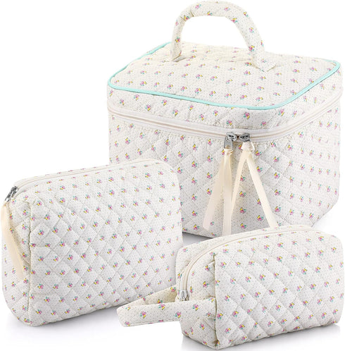 3 Pieces Cotton Quilted Makeup Bag Set Coquette Cosmetic Bag Aesthetic Travel Toiletry Bags Cute Pouch Kawaii Aesthetic for Women (Little Flower)...