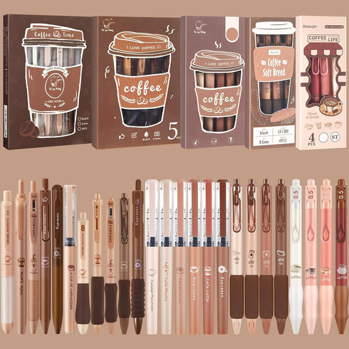 Cute Coffee Pens 24 Pcs Gel Ink Pens Retractable Pens and 1 Pcs Highlighter 0.5mm Fine Point Black Ink Kawaii Smooth Writing Pens for School Offic...