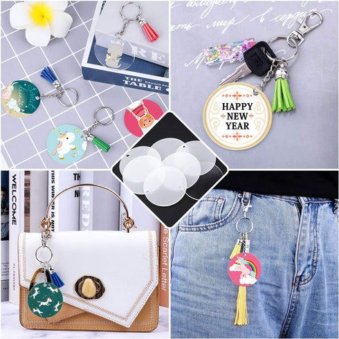 Audab 120pcs Acrylic Keychain Blanks for Vinyl Kit Including 30pcs Clear Acrylic Blanks, 30pcs Keychain Tassels, 30pcs Key Rings and 30pcs Jump Ri...