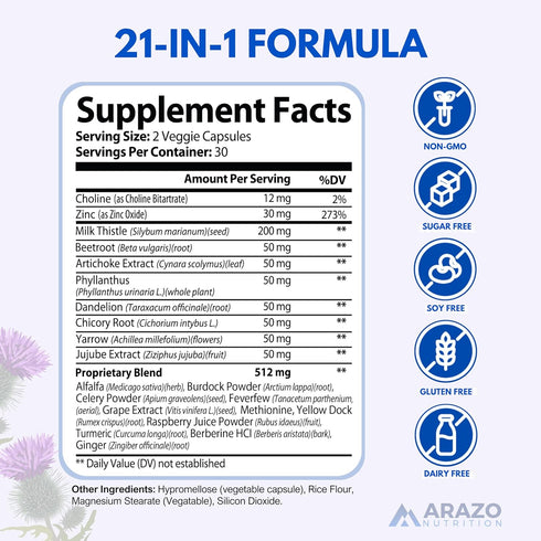 Arazo Nutrition Liver Cleanse Detox & Repair Formula – Milk Thistle Herbal Support Supplement: Silymarin, Beet, Artichoke, Dandelion, Chicory Root...