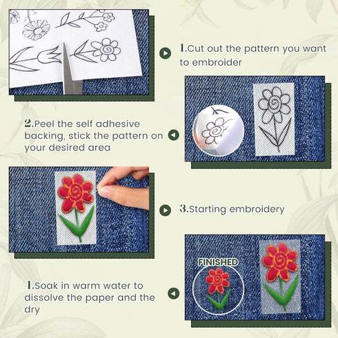 Flower Embroidery Transfer Patterns, 56 Pcs Water Soluble Stabilizer for Embroidery Paper Patch Adhesive Tear Away Embroidery Stabilizer for Hand ...