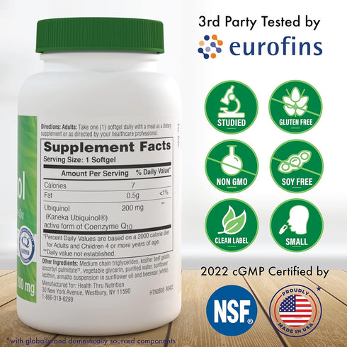 Health Thru Nutrition Ubiquinol 200mg 30 Softgels as Kaneka QH Reduced CoQ-10 | Stabilized - 3rd Party Tested | Enhanced Bioavailability | Cardiov...