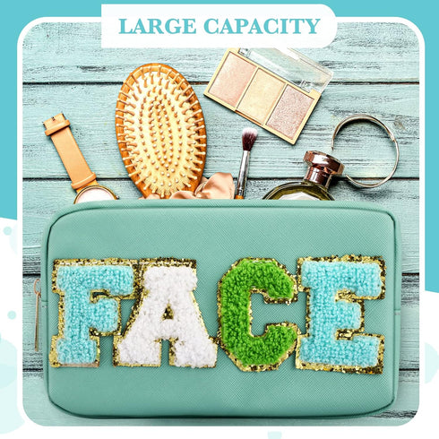 4 Pcs Chenille Bag Preppy Patch Makeup Bag Cosmetic Bag Chenille Letters Toiletry Bag PU Leather Waterproof Portable Pouch Travel Organizer (Blue,...