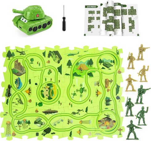 Toy Puzzle Track wiht Army Figures Race Car for Kids Age 3-5, Plastic Puzzle Track Toy Tank Vehicle, Car Tracks for Toddlers 4 5 6 7 Year Old, Mil...