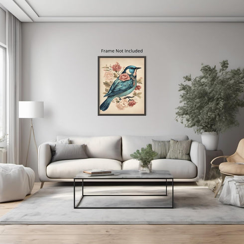Posterizer 1 pcs- Beautiful blue bird with wild pink and red flowers-Art for Animal Lovers-Floral Botanical Art- Gift for Men Women Teens-Living R...