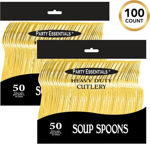 Party Essentials Disposable Plastic Cutlery/Heavy-Duty Flatware/Silverware for All Events, 100-Count, Shiny Gold Soup Spoons...
