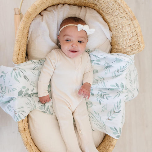 Organic Swaddle Blanket and Hat Set - Boho Baby Receiving Blanket Neutral - Soft Organic Cotton and Bamboo Muslin Swaddle Blanket, Eucalyptus Leav...