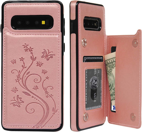 Compatible with Galaxy S10 Case Wallet, Case with Card Holder Embossed Butterfly Slim Folio Leather Cover Shockproof Kickstand with Credit Card Sl...