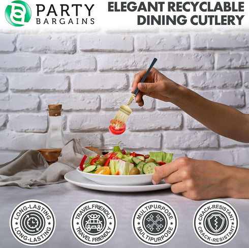 Party Bargains Disposable Plastic Navy Gold Salad Forks, Infinity Modern Design Utensils, 20 Pack...