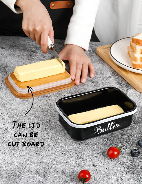 Butter Dish with Lid for Countertop, AISBUGUR Metal Butter Keeper with Stainless Steel Multipurpose Butter Knife, Large Butter Container with Doub...