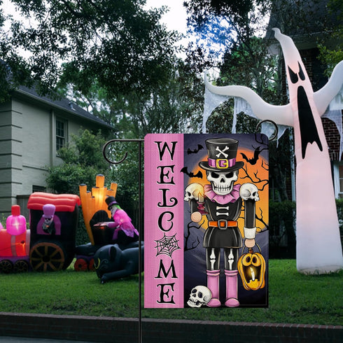 Welcome Pink Halloween Nutcracker Decorative Garden Flag, Spooky Skeleton Skull Jack O Lantern Pumpkin Yard Outside Home Decorations, Gothic Holid...