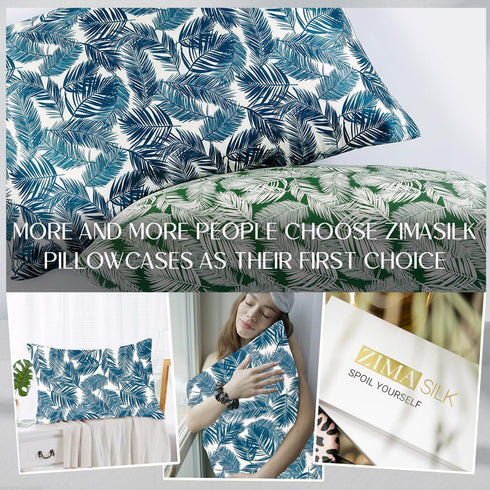 ZIMASILK 100% Pure Mulberry Silk Pillowcase for Hair and Skin Health,Both Sides 19 Momme Silk Floral Print,1pc(Queen 20''x30'',Blue Leaves)...