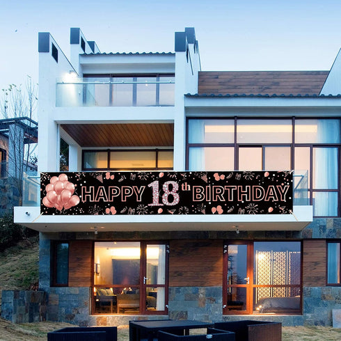 Pimvimcim 18th Birthday Decorations for Girls, Happy 18th Birthday Banner Rose Gold and Black 18 Year Old Birthday Decorations Party Supplies (9.8...