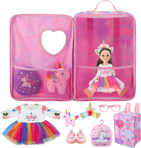 18 Inch Doll Carrier Set with Clothes and Accessories Including Doll Travel Bag, Doll Dress, Doll Shoes, Doll Sunglasses, Doll Backpack and Unicor...