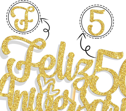 Ferastar Feliz 50 Aniversario Cake Topper, 50th Anos De Amor Wedding Decor, Happy 50th Anniversary Party Supplies Gold Glitter....