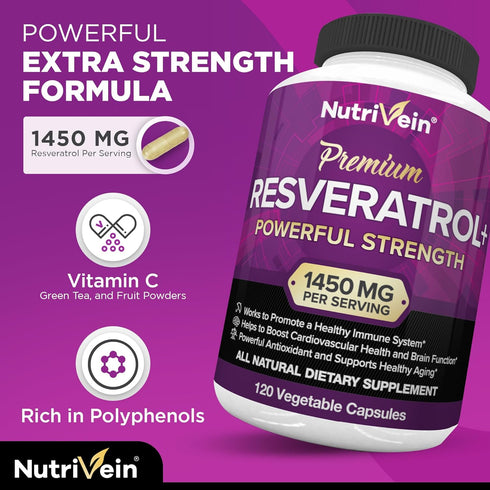 Nutrivein Resveratrol 1450mg - Antioxidant Supplement 120 Capsules – Supports Healthy Aging & Promotes Immune, Brain Boost & Joint Support - Made ...