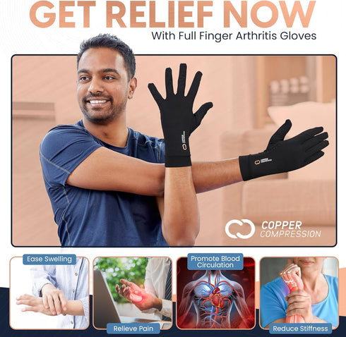 Copper Compression Full Finger Arthritis Gloves - Palm Grips - Touch Screen Fingertips - Compression Support for Carpal Tunnel, Pain Relief, Tendo...